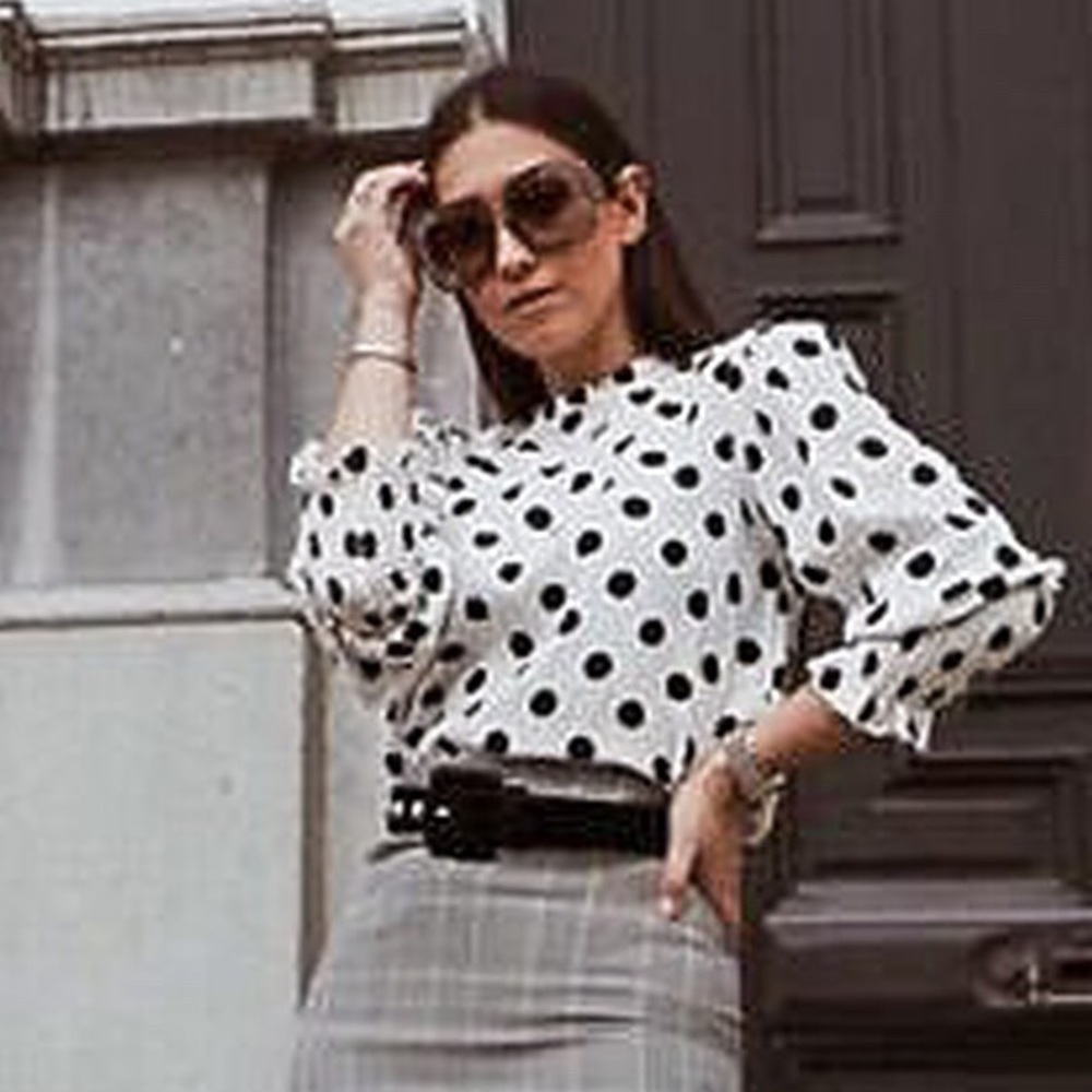 ZARA Smocked Puff Sleeve Polka Dot Mock Neck Blouse in Black